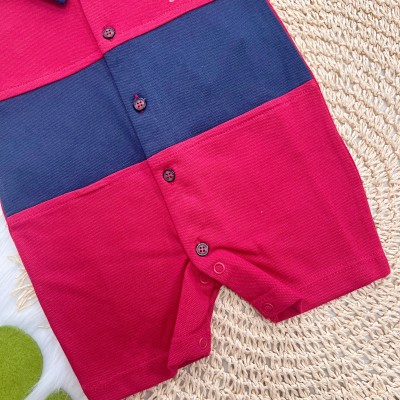 Macacão Curto Piquet com Gola Polo Barquinho - Vermelho e Marinho